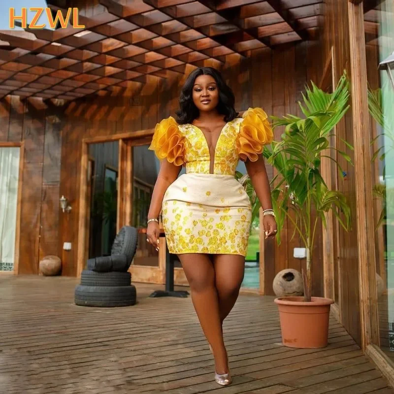 Sexy African Orange Sheer Neck Ruffles Sleeve Plus Size Prom Gown Party Dresses Sukienki Koktajlowe Short Cocktail Dresses