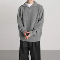 High Street Sweater Simple Casual Half Zipper Men New Korean Chic Solid Color Turn-down Collar Harajuku Fashion Basic Pullovers 1