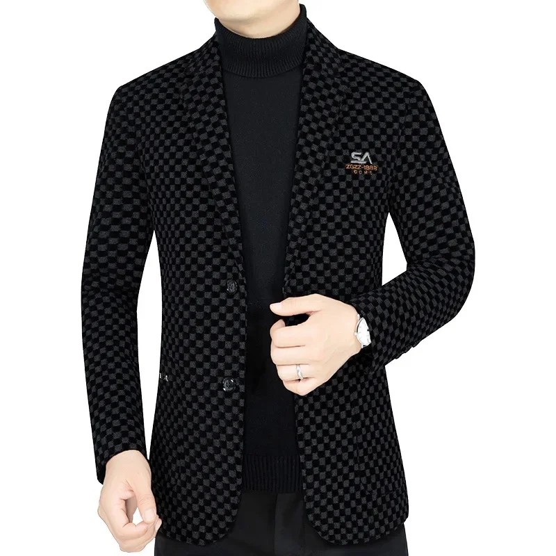 Winter Men Fleece Checkered Suits Coats Business Casual Blazers Jackets Quality Man Slim Blazers Jackets Warm Coats Size 4XL