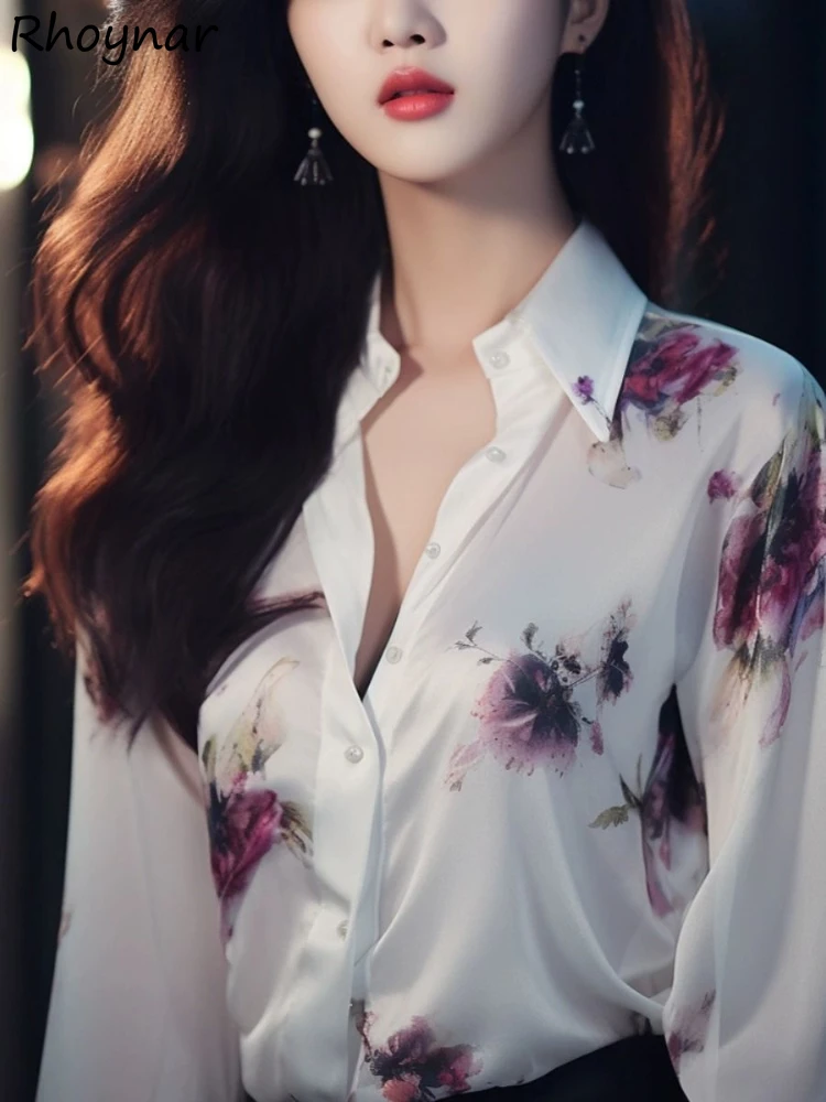 

Blouses Women Casual Thin Breathable Elegant Floral Print Turn-down Collar All-match Streetwear Stylish Korean Style Ulzzang Ins