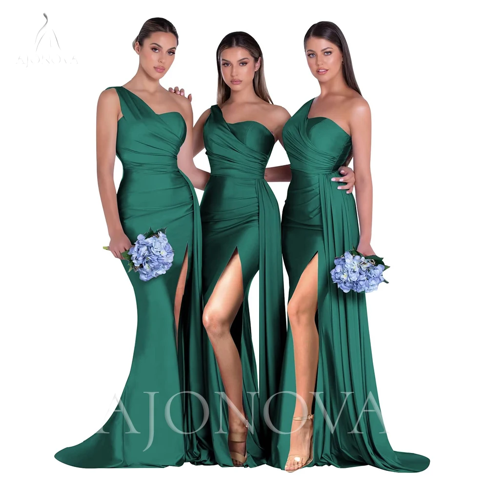 

Emerald Green Satin Party Dress for Wedding Evening Dress for Wedding Party Formal Side Split One Shoulder Elegant Gowns Robe