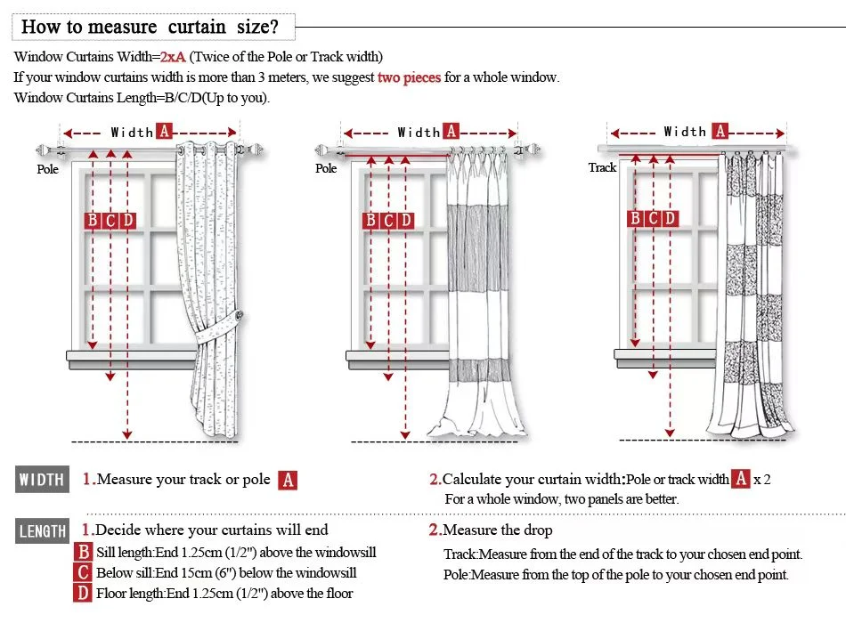 Illustratsioon, mis näitab, kuidas mõõta kardinapuu või rööpa pikkust ning otsustada kardinapaneelide pikkus lehekeste ja lindudega kenade õhukeste kardinate jaoks. Kolm erinevat kardinamustrit on kujutatud erineval kõrgusel akna kohal.