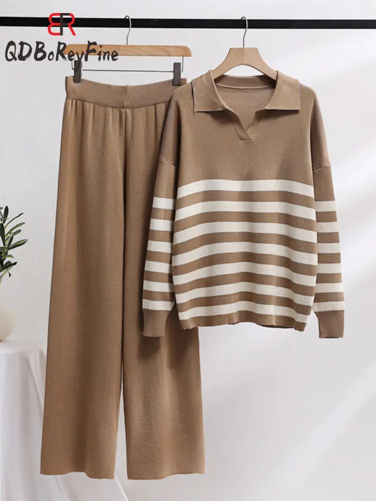 

Осенне-зимние женские комплекты из двух предметов, повседневный базовый пуловер с V-образным вырезом и широкие брюки, плотные теплые вязаные костюмы для женщин