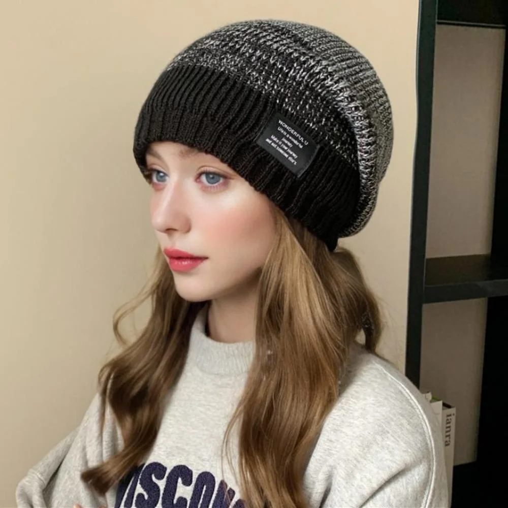 Unisex Mode Slouchy Winter Hüte Plüsch Pelz Gefüttert Beanie Cap Männer Frauen Winter Mischen Farbe Label Dekor Gestrickte Hüte – Detail 3