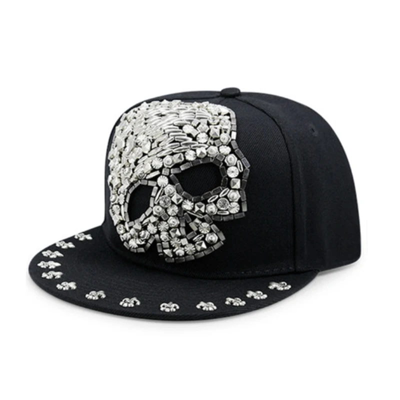 

Adult Hip Hop Punk Rock Skull Rivet Flat Peaked Hats Men Big Size Fitted Baseball Caps Designer Cap Men Kpop Snapback Cap