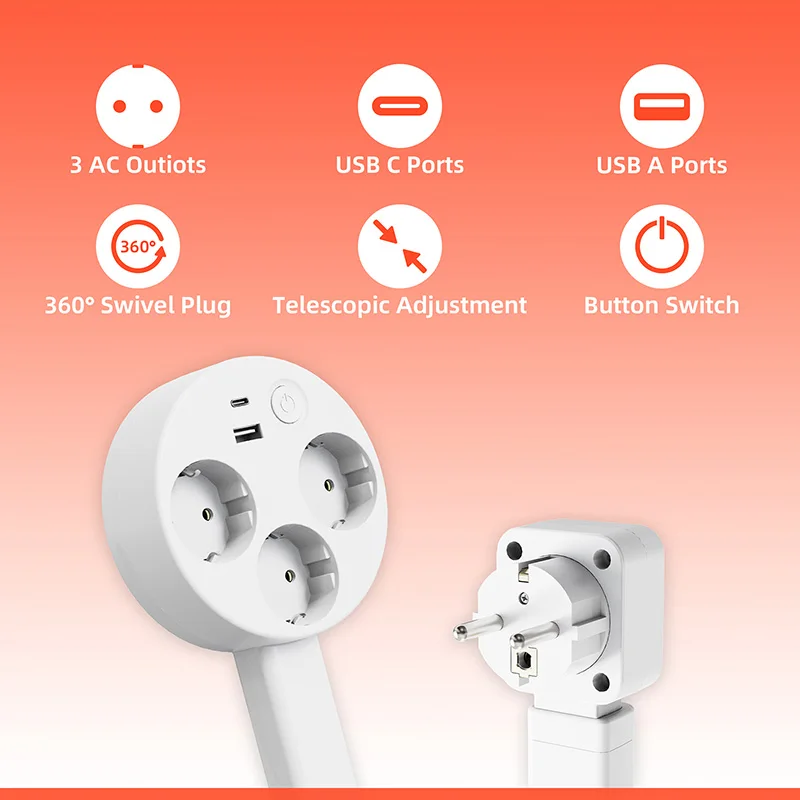 EU Plug Scalable/Rotating Power Strip Electrical Wall Plug Adjustable Length Charging Extension Circular Socket Extension Cable 1