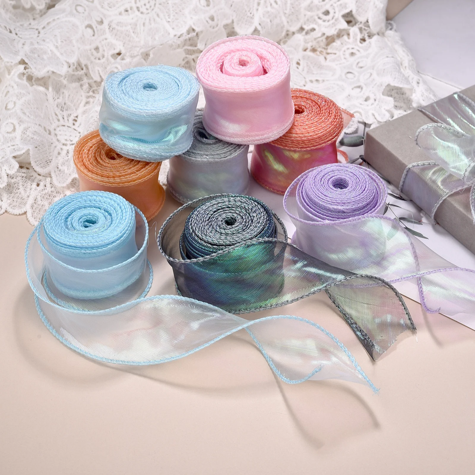 10 Yards Fischschwanz-Organzaband, reflektierend, schillerndes Band mit gewelltem Rand für Geschenkverpackungen, DIY Schleife, Blumenstrauß, Voile-Bänder – Detail 4
