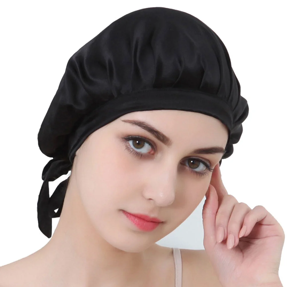 

Solid Color Real Silk Sleeping Hair Loss Hats for Women Girls (Black)