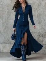 2025 Autumn/Winter Hot-Selling European and American Suede Slim-Fit Zipper Stand Collar Slit Long Dress - Image 2