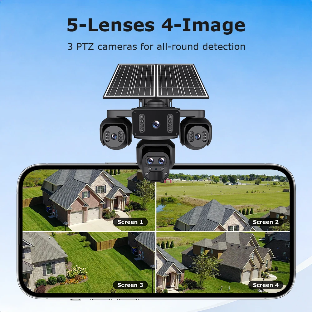 시우지아 20MP 10배줌 카메라 솔라 4G SIM 5렌즈 4스크린 보안 보호 360 ° 자동 추적 홈 감시 시스템