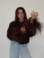 Women Chic Feather Patchwork Knitted Cardigan O-neck Long Sleeve Single-breasted Short Sweater 2025 Lady High Street Knitwear ﻿