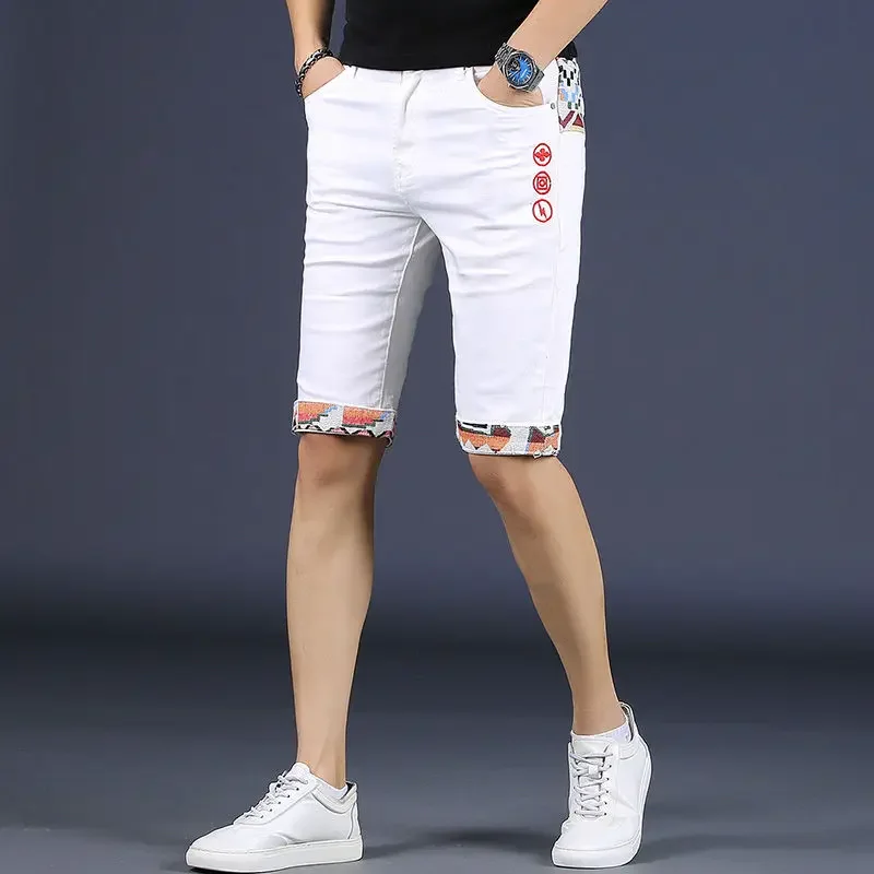 

Шорты мужские джинсовые с графическим рисунком, универсальные дизайнерские штаны из денима, Стрейчевые тонкие синие ковбойские оригинальные, лето