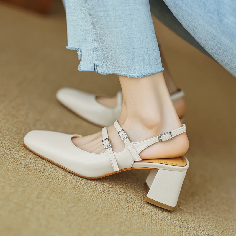 Small Size 33 34 Spring Summer Classics Covered Toe Mary Janes Pumps Womens Split Leather Double Buckle Strap Slingbacks Sandals