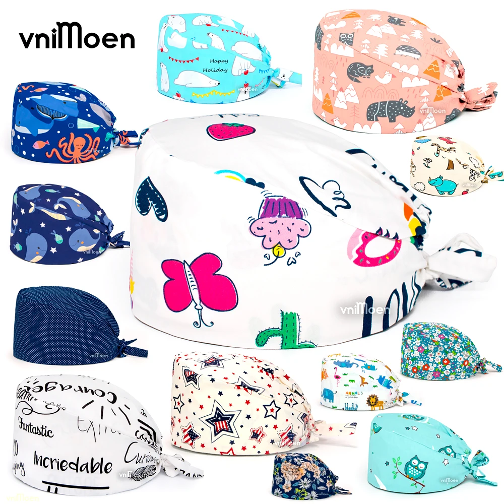 Новые шапки для кормления, хирургические шапки с цветочным принтом животных, санитарная шапка с повязкой, шапка для кормления с мультяшным принтом, шапка-скраб