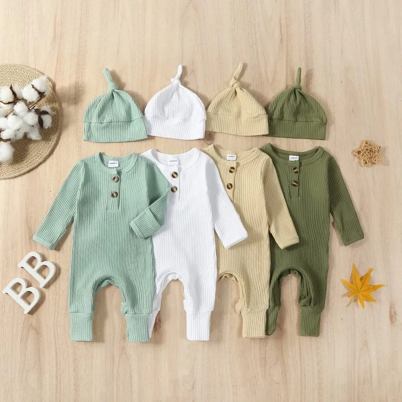 

Newborn Baby Boy Rompers 2 Pieces Outfits Solid Color Ribbed Long Sleeve Jumpsuit with Hat for Infant Toddler Fall Clothes