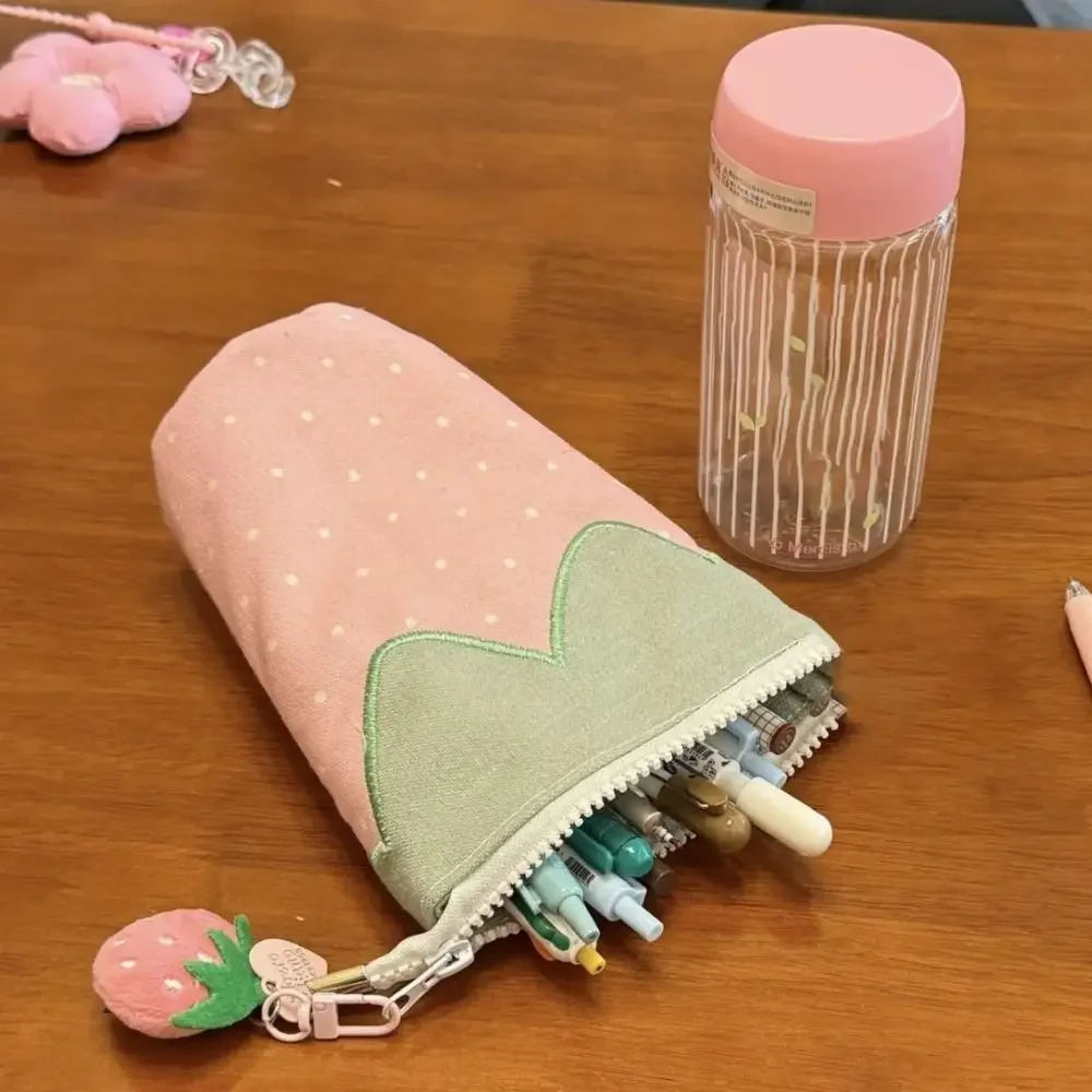 Adorable Foldable Strawberry Pencil Holder with Large Capacity - Cylindrical Stand-Up Cartoon Stationery Case