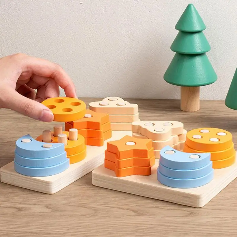 

Wooden Toy Color Shape Recognition Stacker Wooden Sorting Tower Montessori Early Educational Stacking Matching Set Toys Gifts