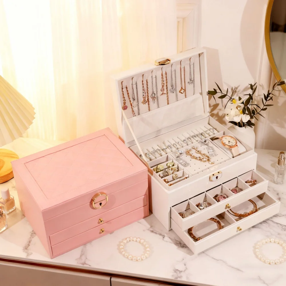 Luxury Jewelry Box Multi-layer Leather Jewelry Storage Box with Drawers Large Capacity Organizer for Earrings Rings Necklaces