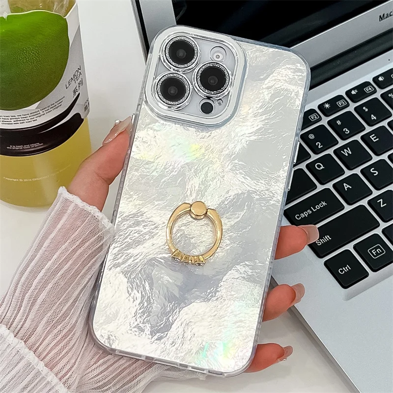 Étui de téléphone pliable avec anneau en aluminium pour iPhone 16 Plus 15 14 13 Pro Max, protection de caméra à paillettes, coque arrière rigide antichoc en PC_voghion.com