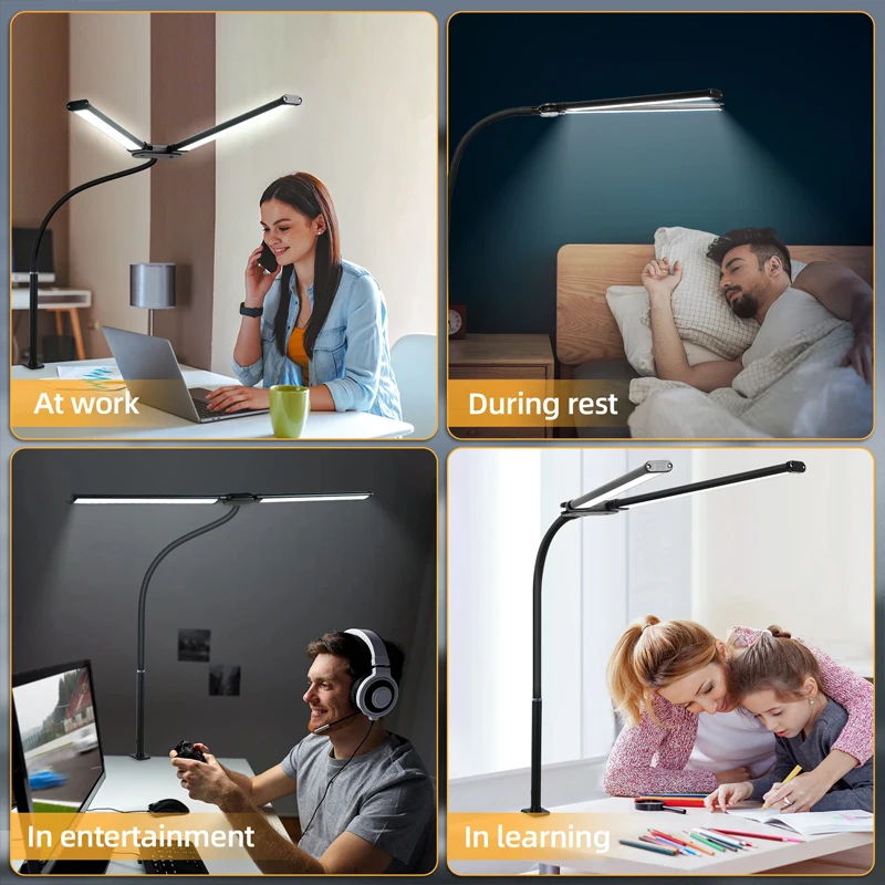 LED 책상 램프, 조도 조절 가능한 더블 헤드 테이블 램프, 컴퓨터 모니터 조명, USB 독서 테이블 램프, 사무실 공부 작업 접이식 조명 모니터 조명 책상 스탠드 led