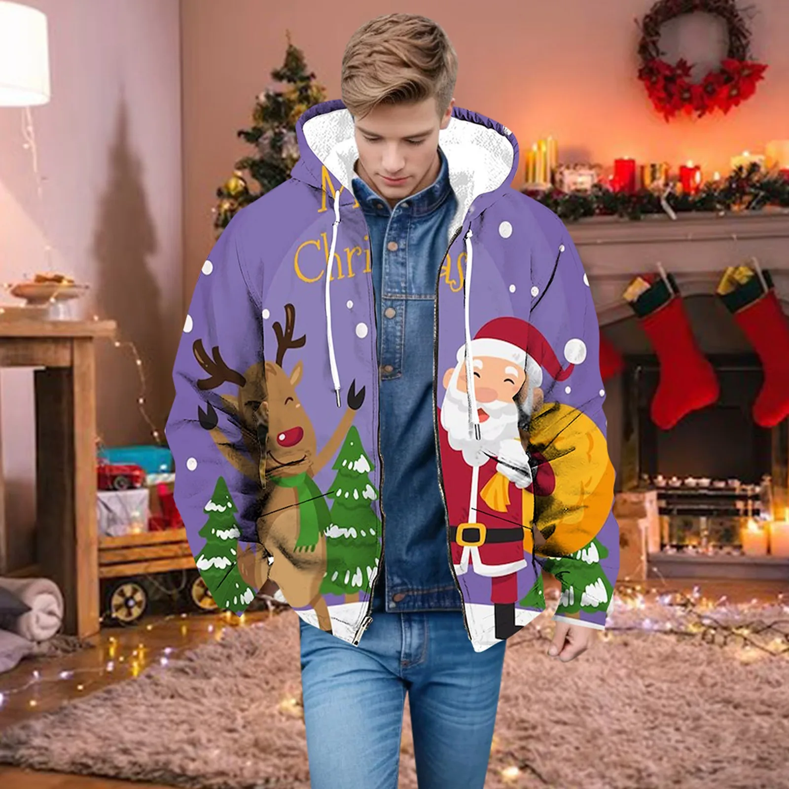 

Men's Autumn And Winter Christmas Fleece Thick Coat Cotton Jacket Mens Jacket with Hood