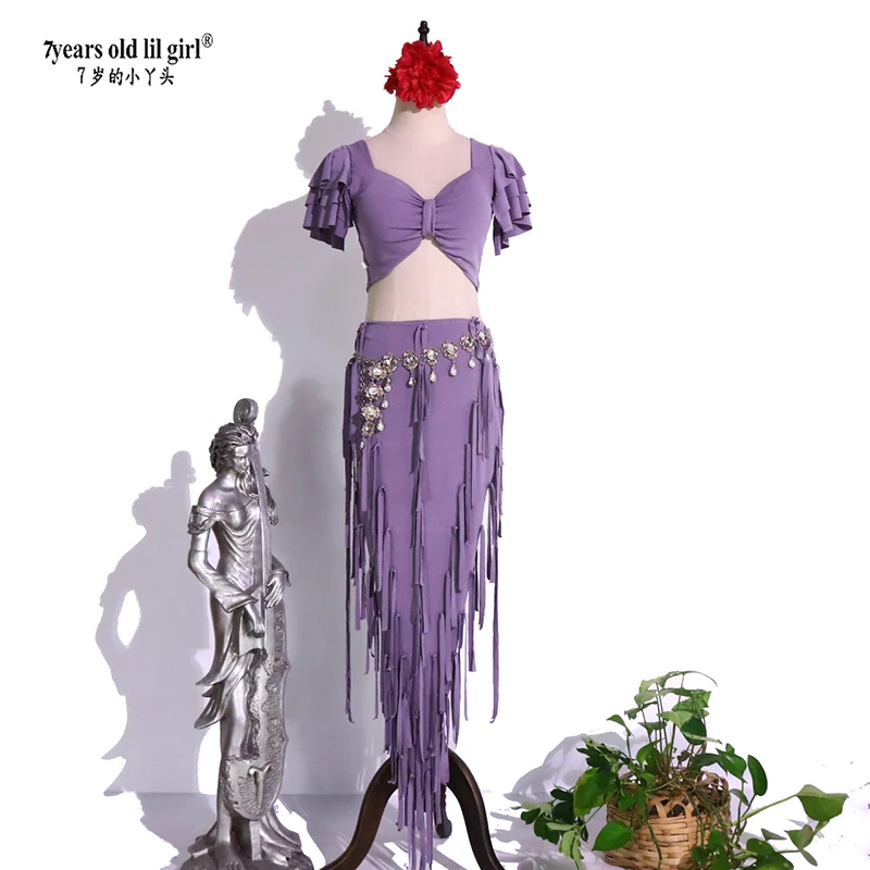 

Женский тренировочный костюм для танца живота, Новый Привлекательный костюм из двух предметов из искусственного хлопка с коротким рукавом и юбкой