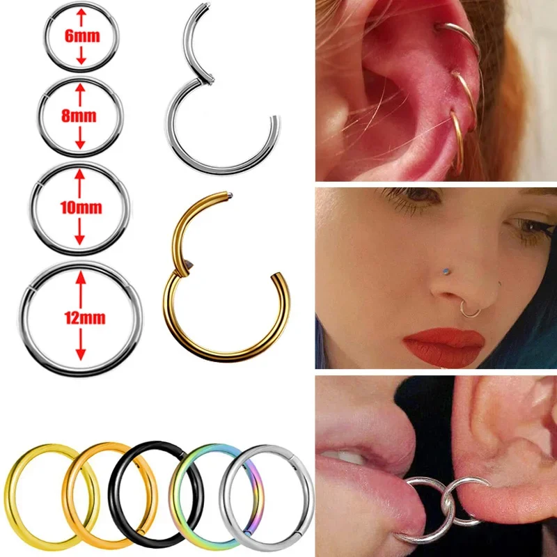 nose rings piercing jewelry body piercing earrings ear piercing jewelry metal jewelry hoop earrings body piercing jewelry body jewelry 6/8/10/12mm Nose Ring Hinged Clicker Segment Helix Cartilage Septum Hoop Surgical Stainless Steel Seamless Earrings