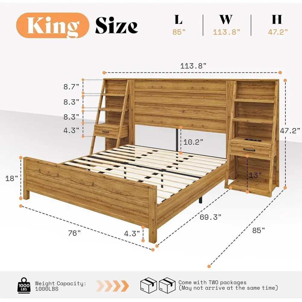 Farmhouse Style King Bed with Wide Headboard, 4-Tier Shelves, Charging Station, 2 Drawers, No Box Spring Required, Natural Oak F 2