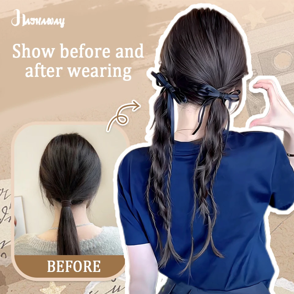 18 Inch Bow Twist Ponytail Wig Braid Synthetic College Wind Ribbon Twist Braid Natural Fluffy Double Ponytail Wig Daily Wear