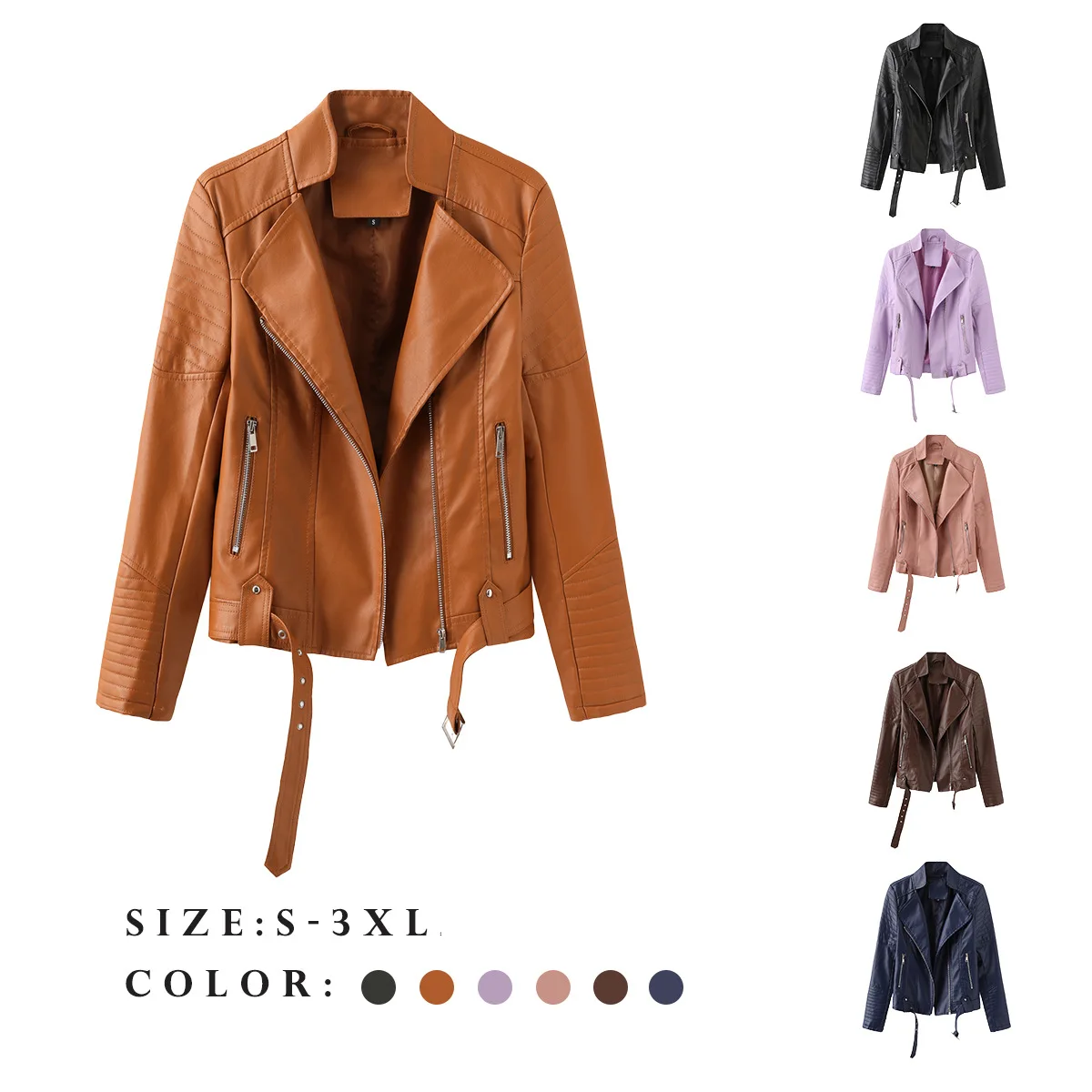 

2023 Belted Street Trendy Leather Long Sleeve Spring and Autumn Thin Women's Jacket European and American V-neck PU Jacket