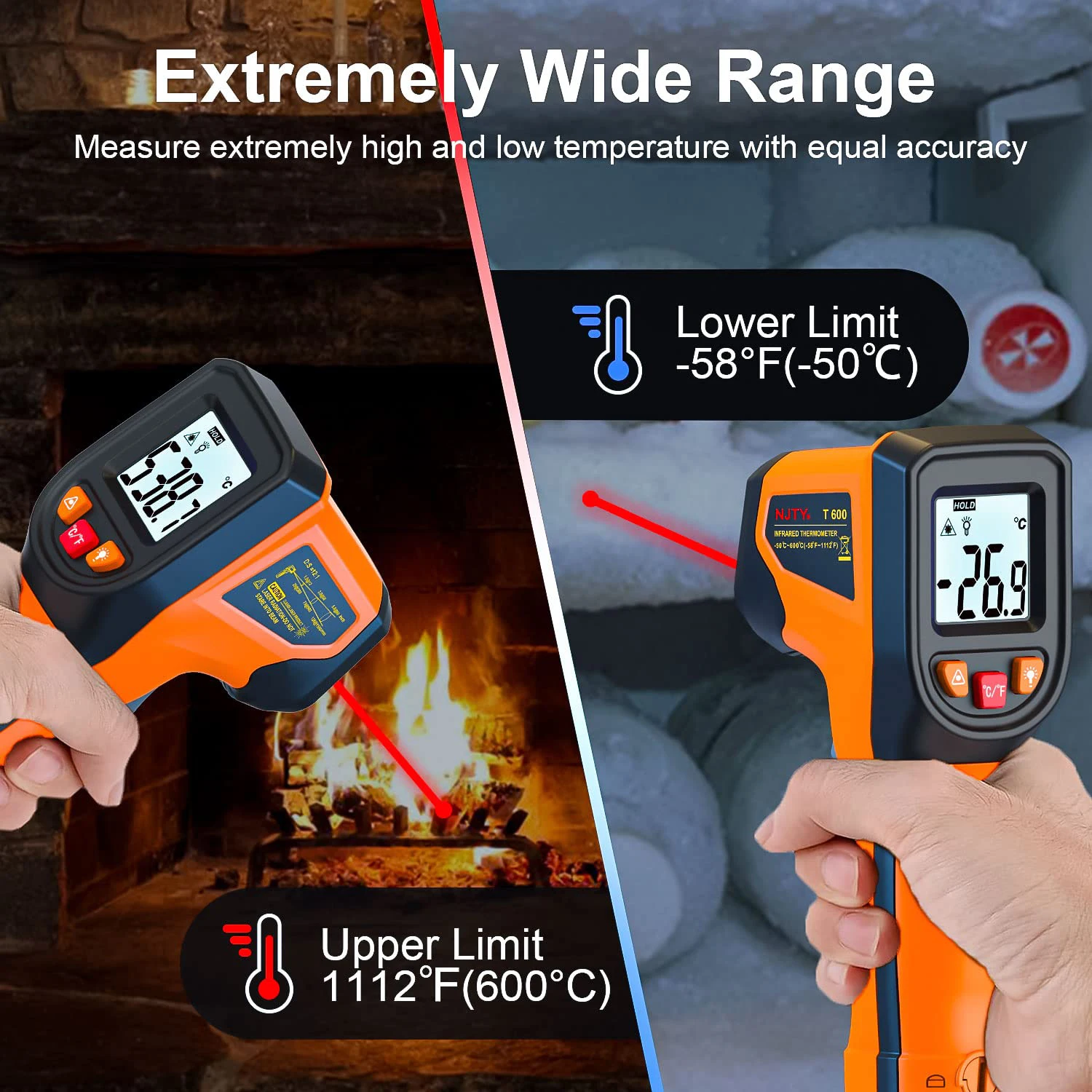 Non-Contact Digital Infrared Thermometer -50~600℃ Laser Termometro Pyrometer Gun for Industrial, Kitchen Cooking BBQ
