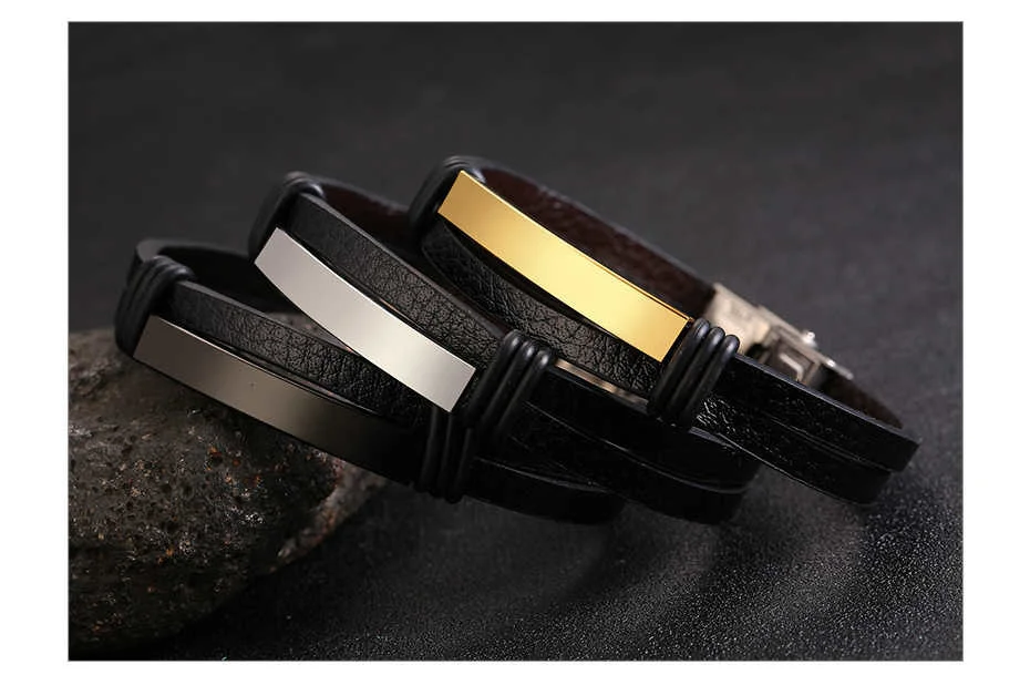 Vnox Herren Schwarz Leder Armbänder Personalisierte Gravur Anpassen Info pulsera masculina 8.07" – Detail 11