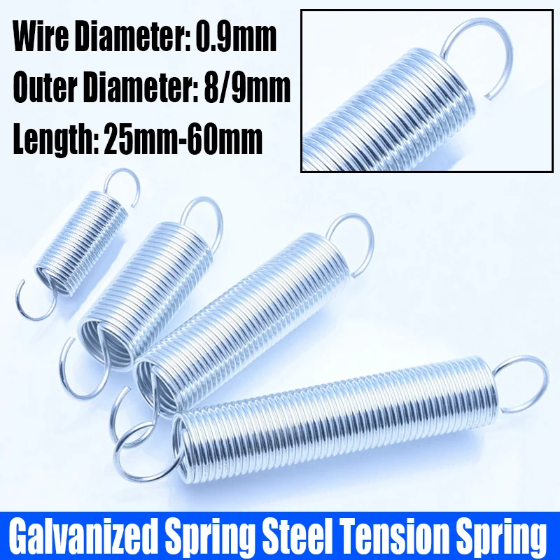 

5PC 0.9mm Wire Diameter Galvanized Spring Steel Extension Tension Spring Coil Spring S Hook Pullback Spring Outer Diameter 8/9mm