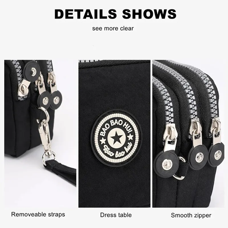 Coin Purse Women Handbag Small Wallet Wrinkle Fabric Phone Purse Three Zippers Portable Make Up Bag