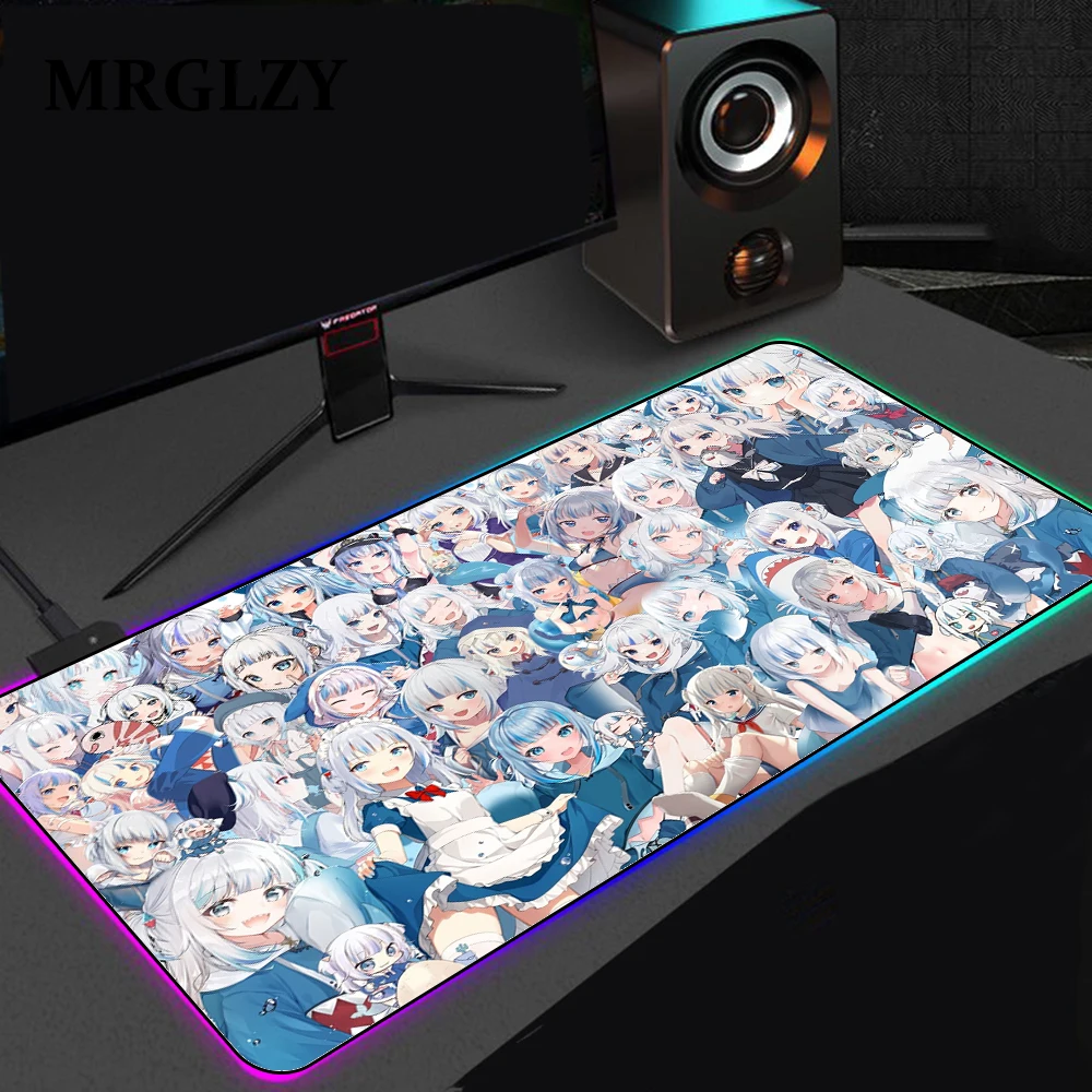 

Gawr Gura Gaming Mouse Pad RGB Hololive Gamer Computer ROG Mousepad RGB Backlit Mause Pad Large Desk Keyboard LED Mice Mat