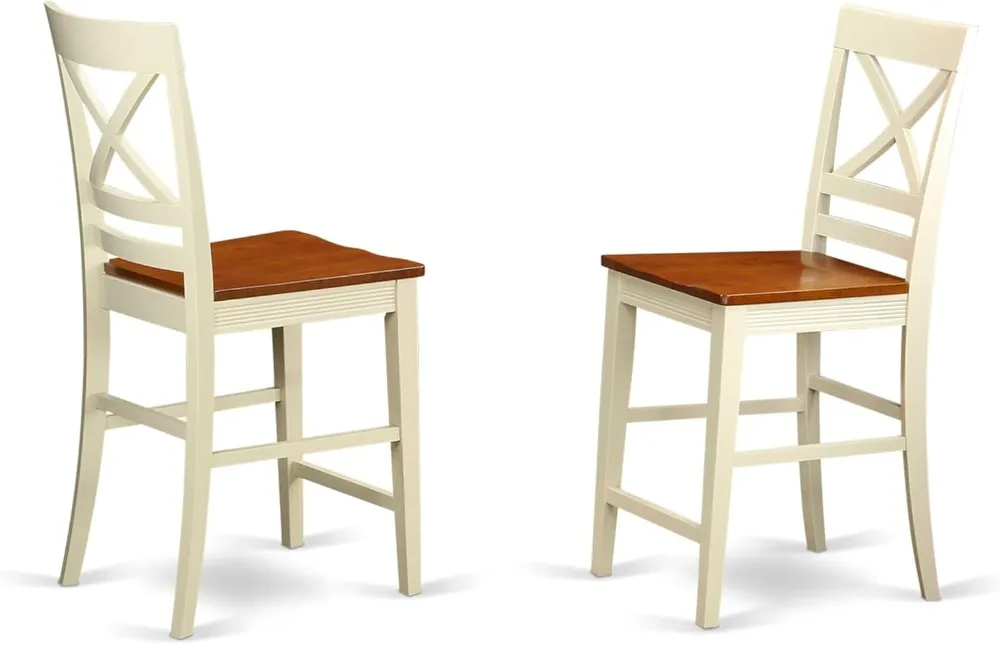 Modern Counter Height Bar Stools Set of 2, Buttermilk & Cherry Wood Pub Dining Chairs with X-Back Design
