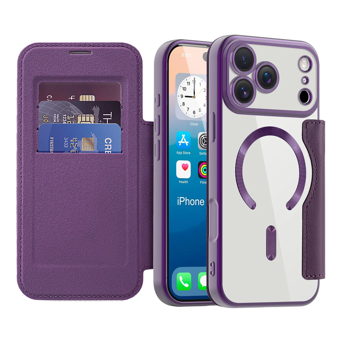 Premium Transparent Flip Leather Wallet Magnetic Phone Case with Card Holder and Magsafe Compatibility