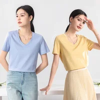 Haut de gamme nouveau 10% soie et coton mercerisé femmes T-shirt de luxe T-shirt à manches courtes sensation soyeuse vêtements d'été 2025 hauts col en V/o 4