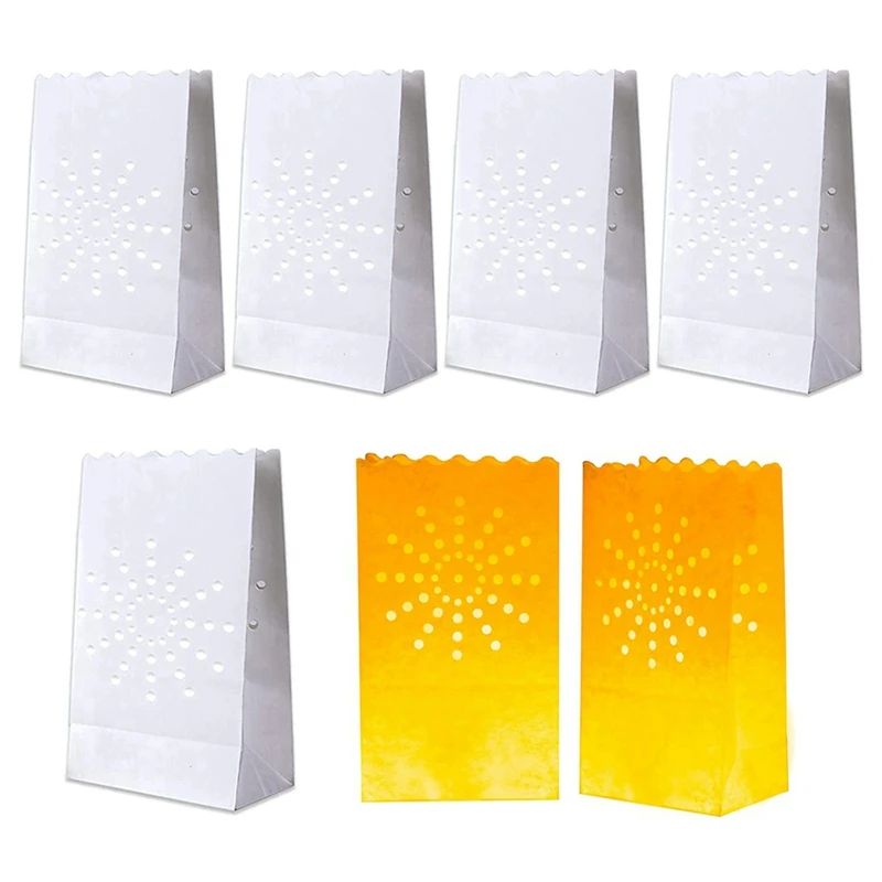 100 PCS White Luminary Bags, Flame Resistant Candle Bags, Sun Design