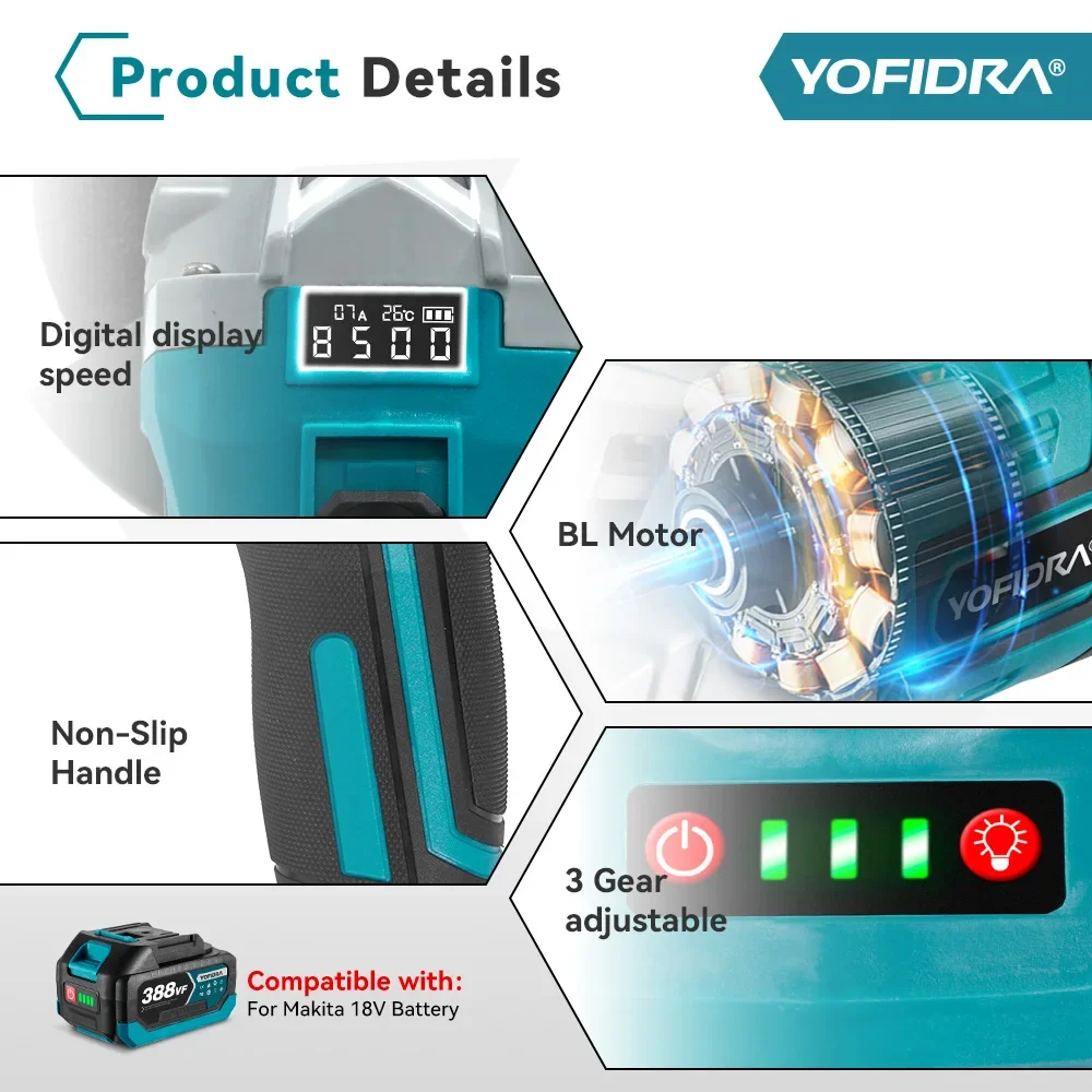 125mm Brushless Electric Angle Grinder LED Digital Display 3 Gear Cordless Polishing Woodworking Tool For Makita 18V Battery 4