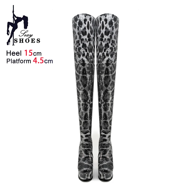 4.5CM Platform Fashion Print Over The Knee Women Boots 15CM Ultrahigh Heels Pole Dance Shoes Stiletto Fetish Thigh-high Boots