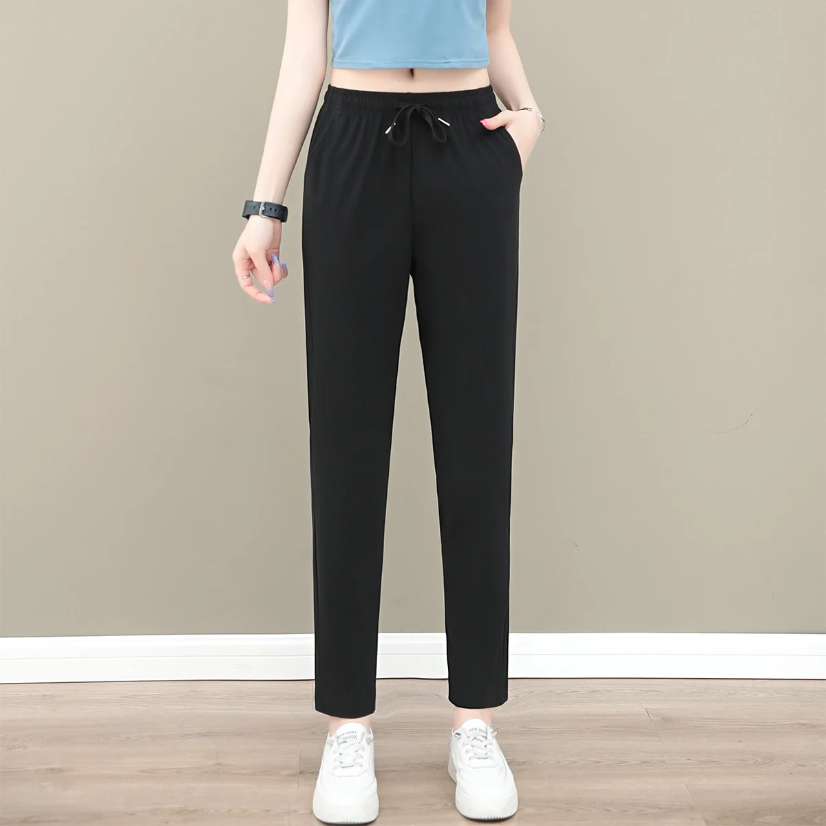 Ice Silk High Waist Capri Pants for Women