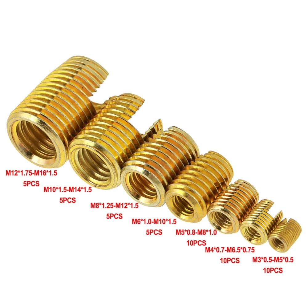 50pcs Brass Self Tapping Inserts M3-M12 Gold Threaded Inserts Kit Storage Case Carbon Steel Brass Slotted Thread Inserts