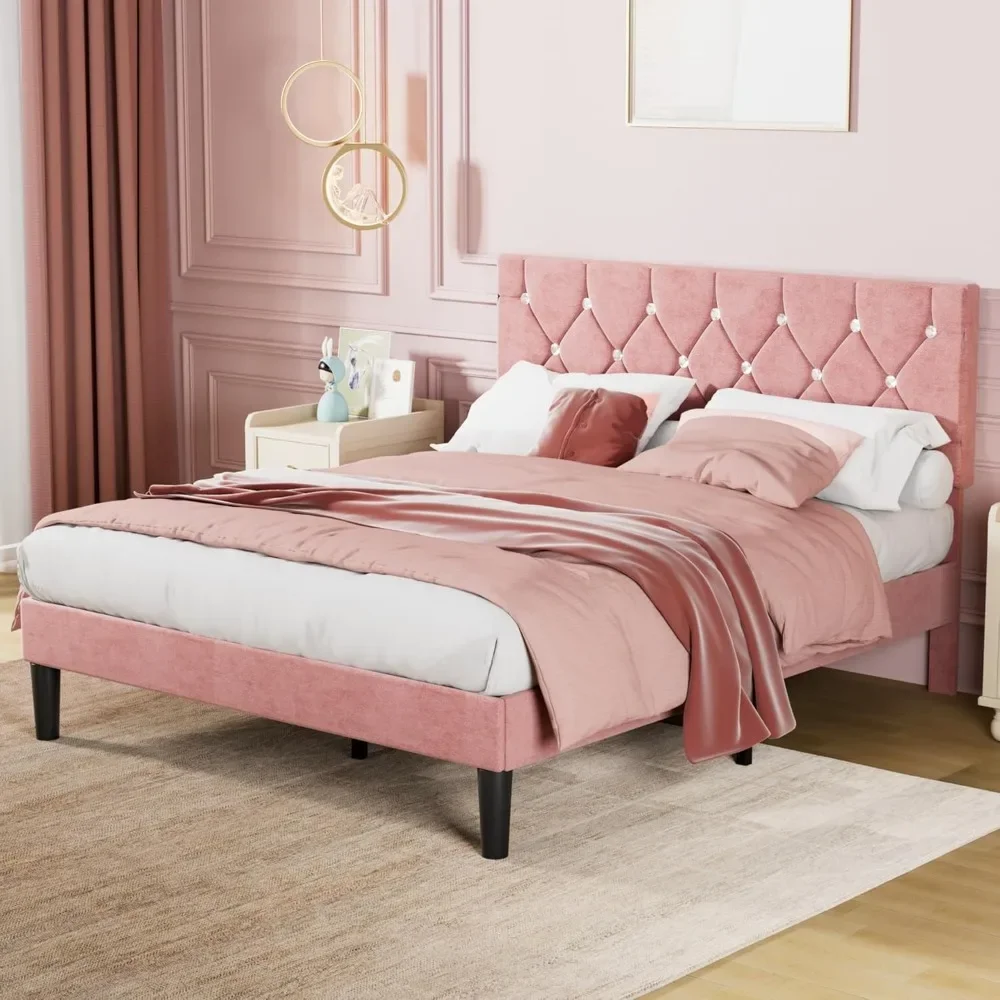 Full Size Bed Frame, Upholstered Platform with Adjustable Diamond Tufted Headboard, Wood Slat Support, No Box Spring Needed 3