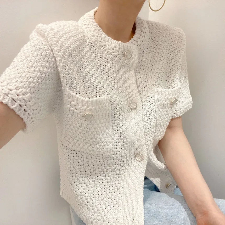 

Korean Cardigan Women Clothing Short Sleeve Single Breasted Sweater O Neck Knit Black Tops 2023 Fashion White Coat Femme