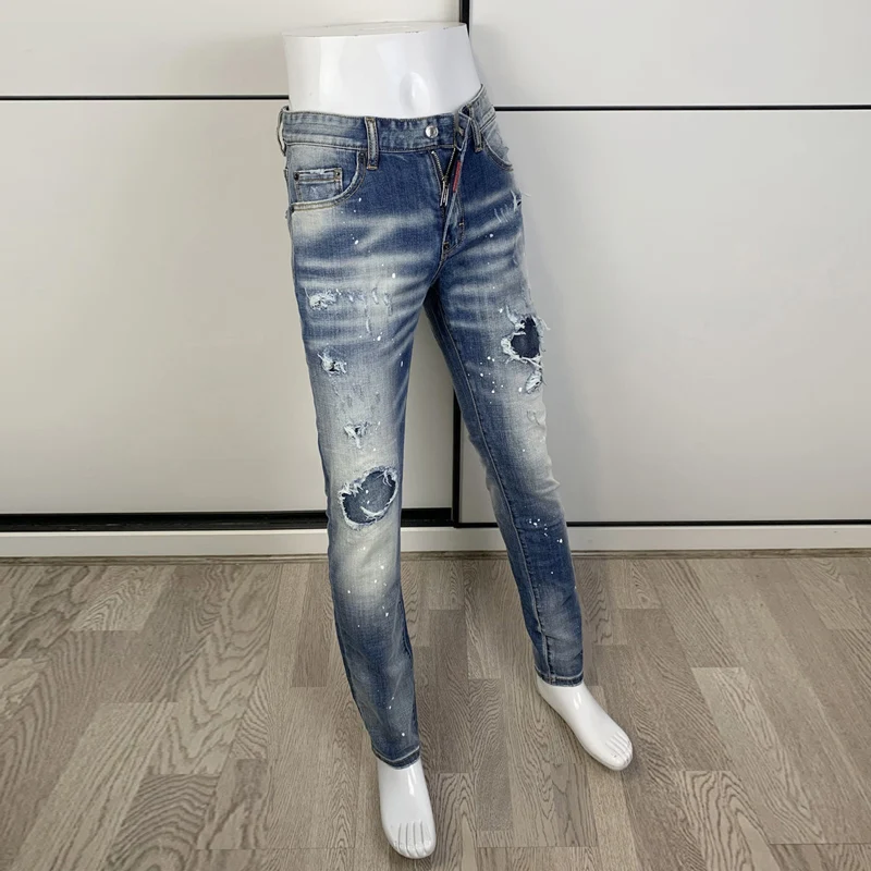 Street Fashion Men Jeans Retro Washed Blue Elastic Stretch Slim Fit Ripped Jeans Men Patched Designer Hip Hop Brand Pants Hombre