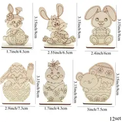 12PCS Easter Bunny Wooden Crafts DIY Table Ornaments for Spring Party Decor and Gifts (12pcs Mixed)