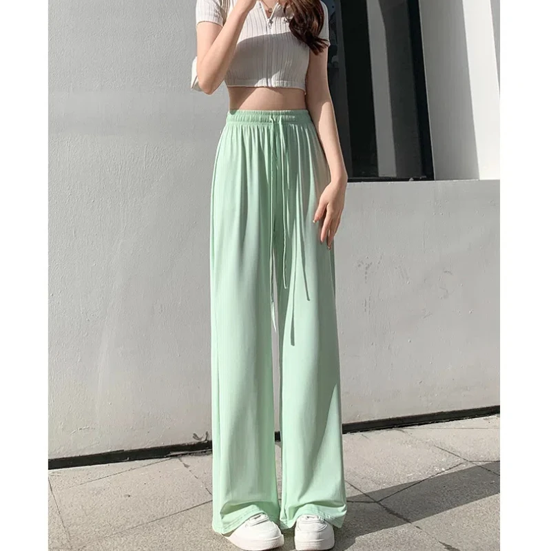Summer Women's 2024 New Spliced Elasticized High-waisted Drawstring Fashion Loose Minimalist Comfortable Casual Straight Pants