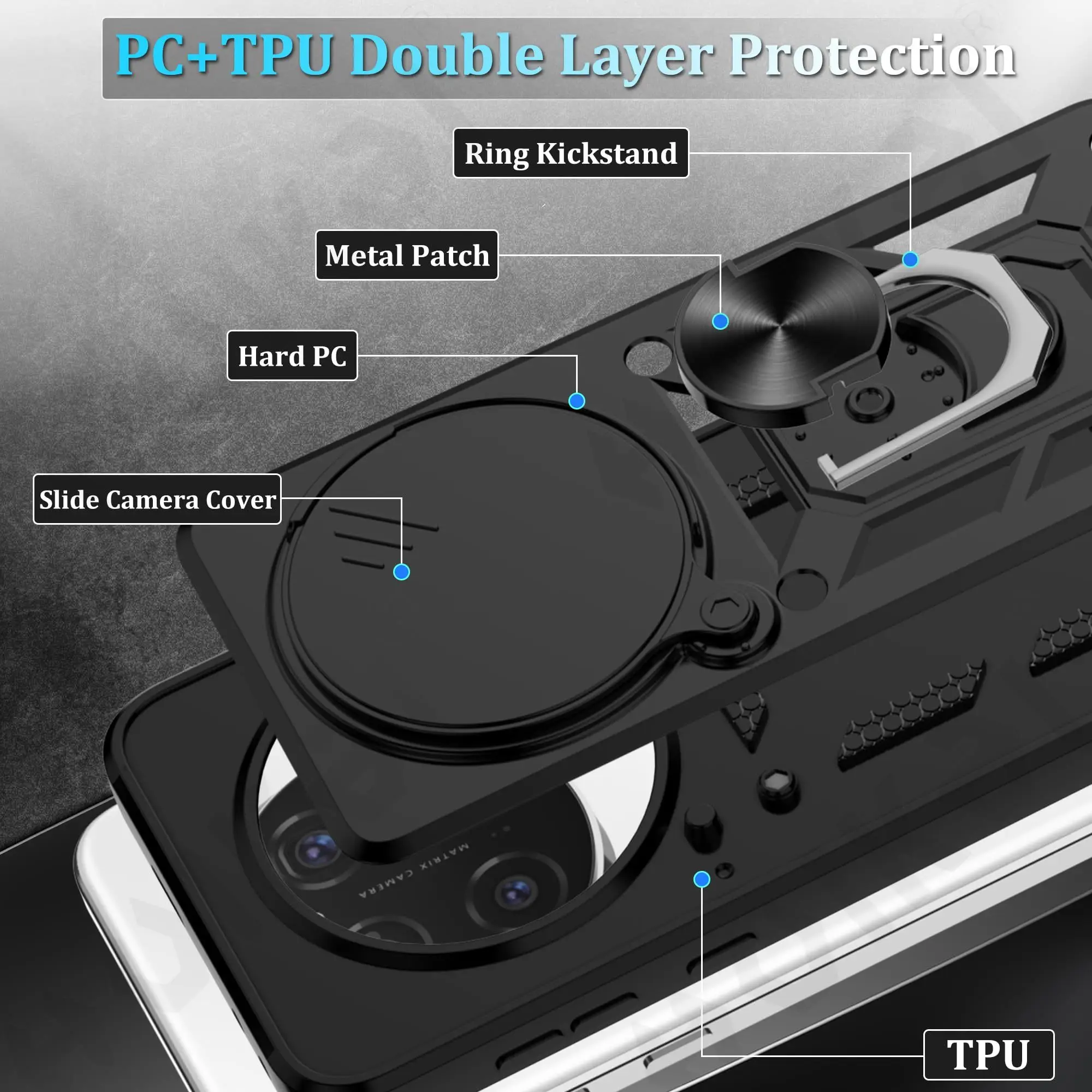 Armor Sliding Camera Cover Case with 360° Support Ring and TPU Protection