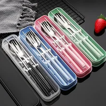 3PCS/Set Spoon Fork Chopsticks Set 304 Stainless Steel Dinnerware Lunch Tableware With Box Cutlery Portable Kitchen Accessories